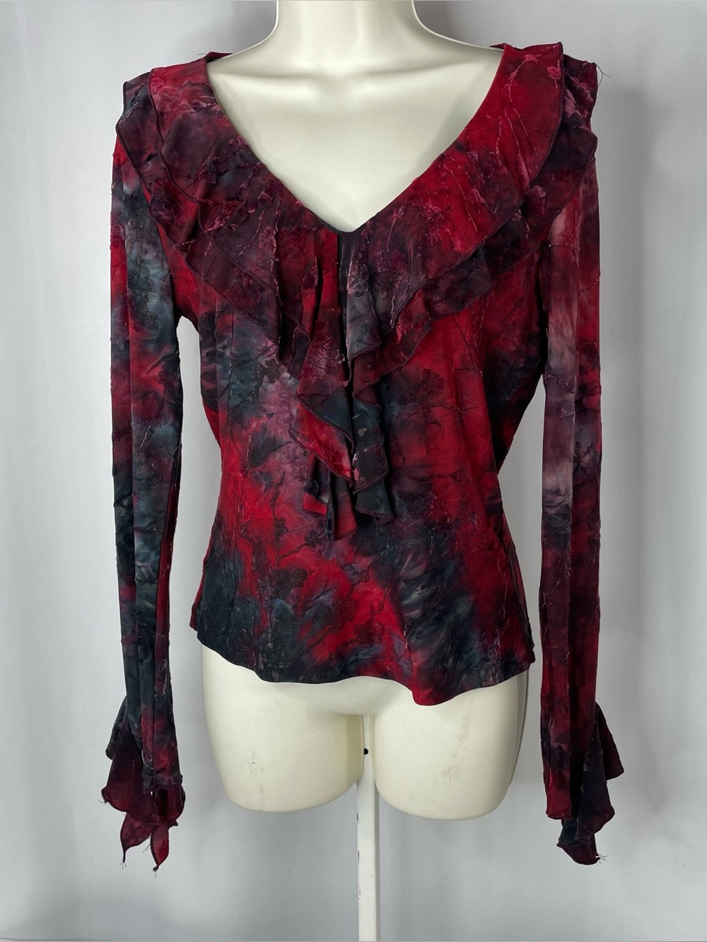 Y2K Dressbarn Red Velvet Burnout Ruffle Bell Sleeve Witchy Whimsigoth Top S